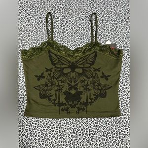 dark green tank top with black butterfly design & lacing at top